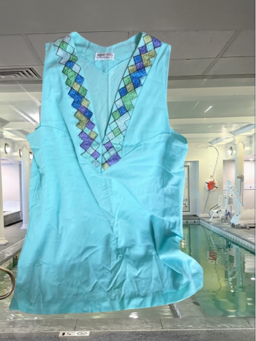 Emilio Pucci for Formfit RogerTurquoise Chemise with Multicolor EmbroideredV-Nec - Picture 5 of 7